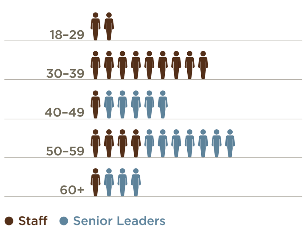 A chart that shows age distribution of staff and senior leaders at the Rainin Foundation. For senior leaders, 33% are 40-49 years old, 47% are 50-59 years old and 20% are 60 years or older. For staff, 12% are 18-29 years old, 53% are 30-39 years old, 6% are 40-49 years old, 24% are 50-59 years old and 6% are 60 years and older.