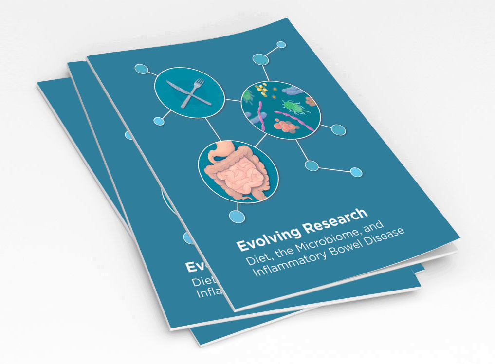 A stack of three research reports. On the cover are three icons: a fork and knife, microbes and the bowel. The text reads: Evolving Research. Diet, the Microbiome and Inflammatory Bowel Disease