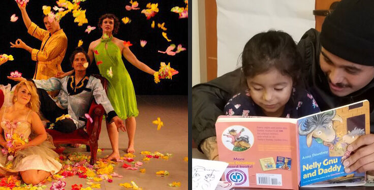 Two images side by side. On the left, five artists are pictured with two on a couch, one on the floor and two standing. All of them are throwing leaves into the air. On the right, a man and young child are reading a book together, with the man's arms circling the child supportively while holding the book.