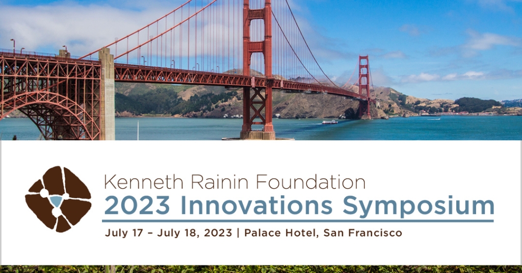Graphic featuring the Golden Gate Bridge and a white overlay with the Foundation's logo and text reading: Kenneth Rainin Foundation. 2023 Innovations Symposium. July 17-18, 2023. Palace Hotel, San Francisco.