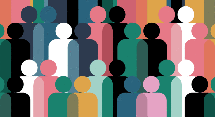 Brightly colored illustration filled with human icons overlapping one another.