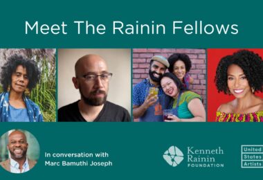 Event graphic that includes the title "meet along with the headshots of moderator marc bamuthi joseph and the four rainin fellows.