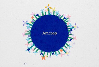 A blue circle with flowers sprouting from it and the text "Art.coop" in the middle.