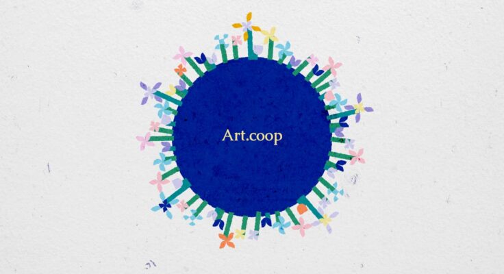 A blue circle with flowers sprouting from it and the text "Art.coop" in the middle.