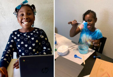 Two side by side photos of a young Black girl smiling and learning from home during the COVID-19 pandemic.