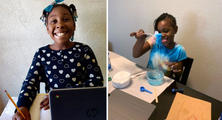 Two side by side photos of a young Black girl smiling and learning from home during the COVID-19 pandemic.