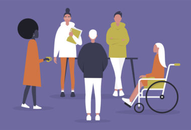 Colorful illustration of group of people—standing or in wheelchair—facing toward each other in a circle.