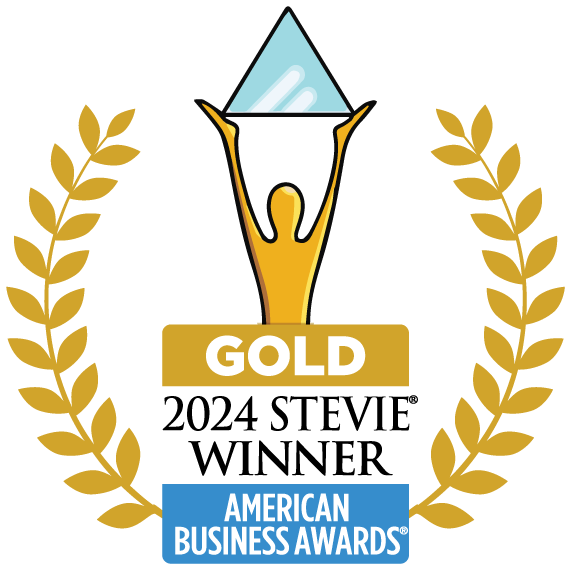 Gold American Business Awards 2024 Stevie Winner logo featuring a gold figure holding up a shiny blue triangle.