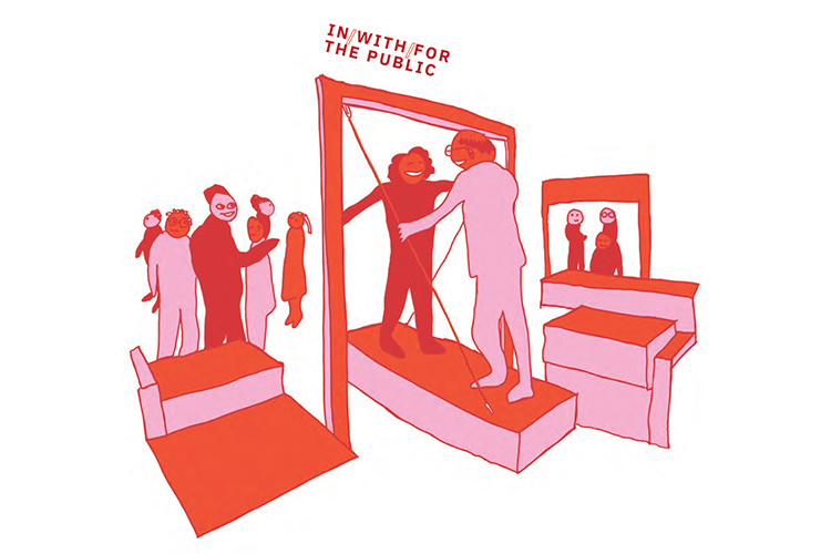 An illustration in pink and red of “Block by Block,” a 2016 public art installation in San Francisco. Two people are standing on opposite sides of a big block of wood, using their bodies to swing it back and forth.