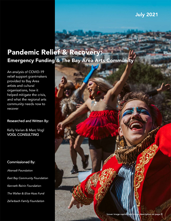 Pandemic Relief & Recovery report cover with a vibrant image of people dancing.