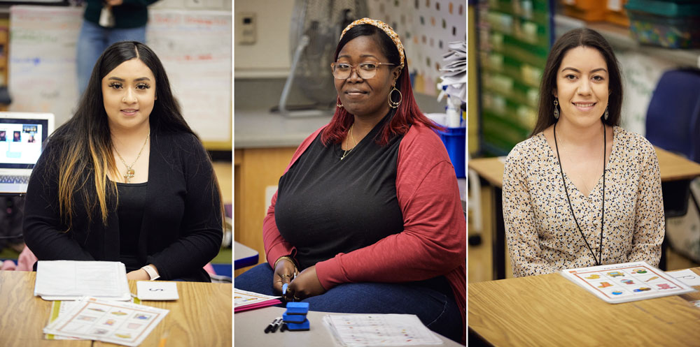 Three images side by side of the tutors sitting behind classroom tables and smiling at the camera.