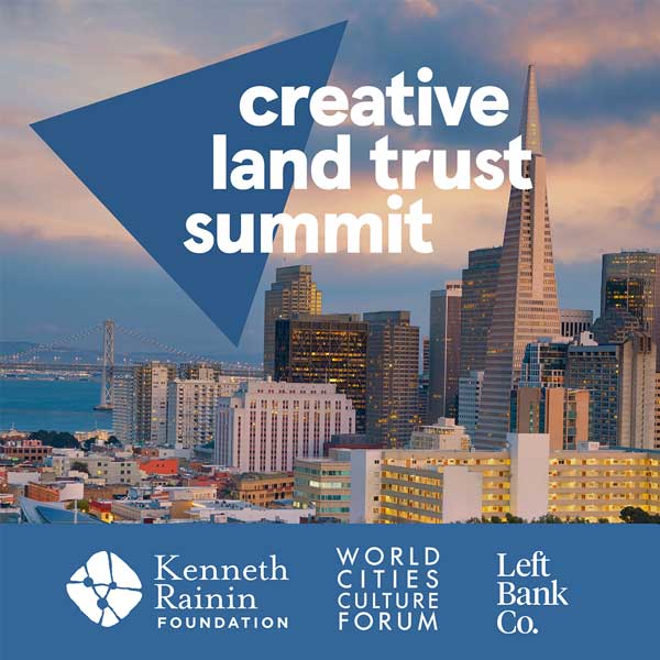 photo of San Francisco's skyline overlaid with the creative land trust summit and sponsor logos.