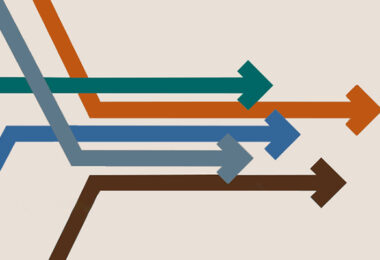 Arrows in the Rainin Foundation's brand color palette converging.