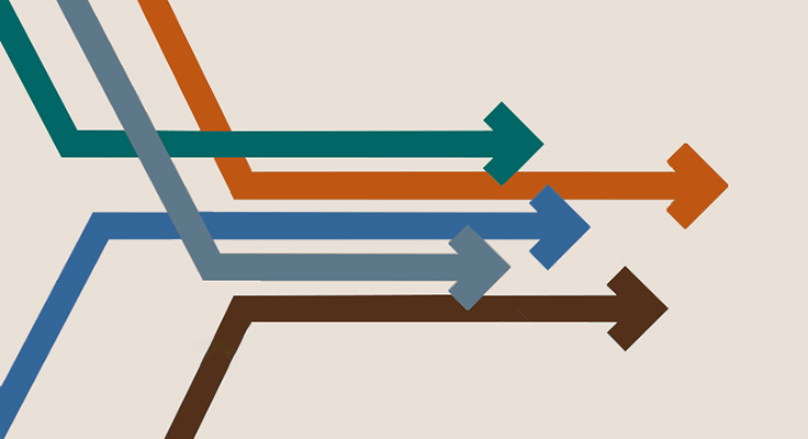 Arrows in the Rainin Foundation's brand color palette converging.