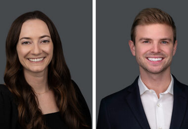 Photo includes an individual head shot on the left of a young woman with dark brown eyes who is smiling and has long, dark hair dressed in a black top, pictured with a head shot of young man with blue eyes on the right who is smiling and has short, dark blonde hair wearing a blazer and a white shirt.