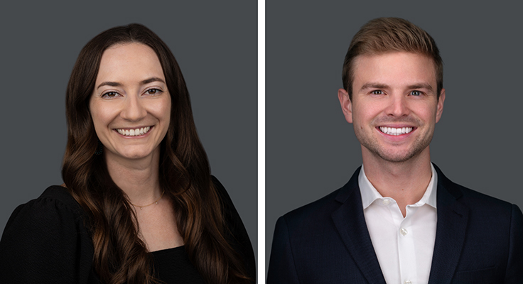 Photo includes an individual head shot on the left of a young woman with dark brown eyes who is smiling and has long, dark hair dressed in a black top, pictured with a head shot of young man with blue eyes on the right who is smiling and has short, dark blonde hair wearing a blazer and a white shirt.