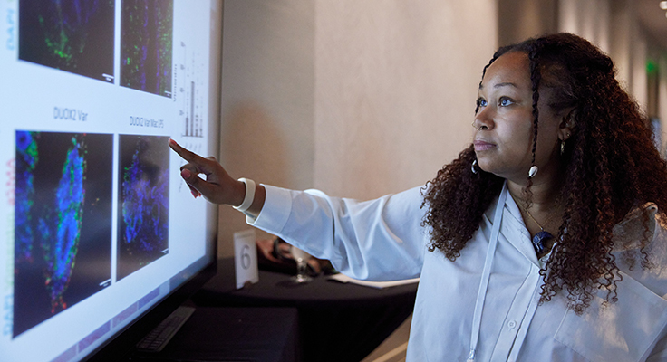 Someone pointing at research images on a screen during a digital poster presentation.