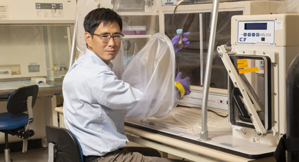 A researcher working in the lab, his gloved hands holding a sample.