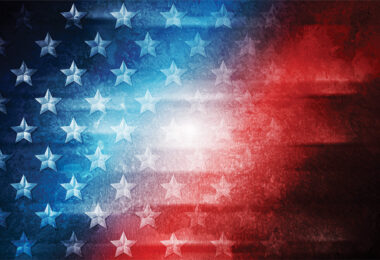 illustration with diagonal swaths of blue and red. White stars are in the left corner over blue.