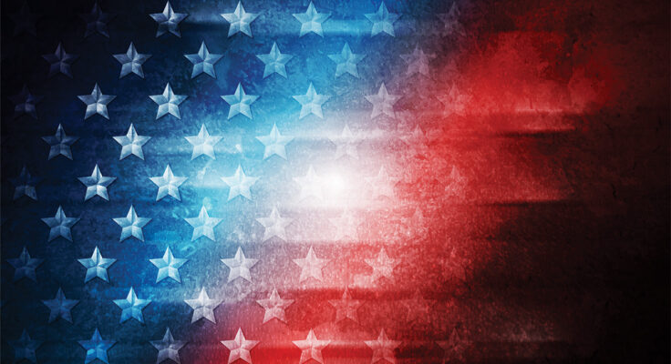 illustration with diagonal swaths of blue and red. White stars are in the left corner over blue.