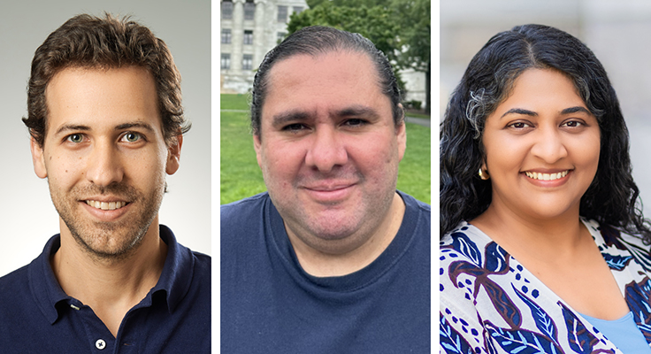 A collage of headshots of the three Rainin Visionary Scientist Awardees.