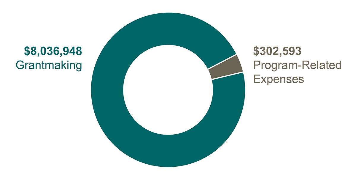 Donut chart shows $8 million in grantmaking versus $0.30 in program-related expenses